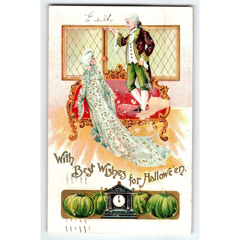 1908 Vintage Halloween Postcard With Elegant Couple & Green Pumpkins